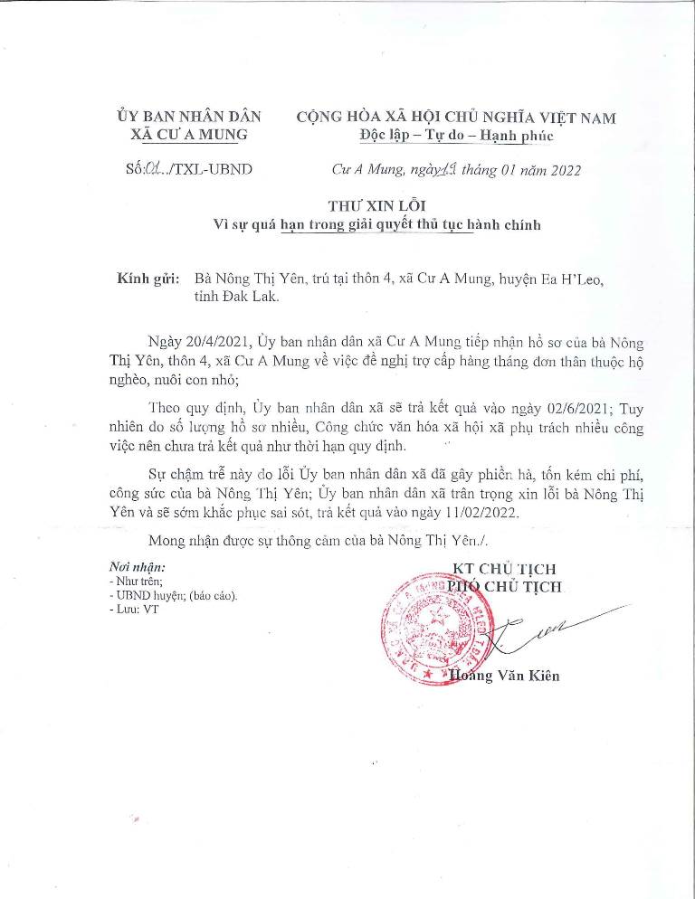 Thư xin lỗi về việc giải quyết thủ tục hành chính trễ hạn của bà Nông Thị Yên - Thôn 4, xã Cư A Mung